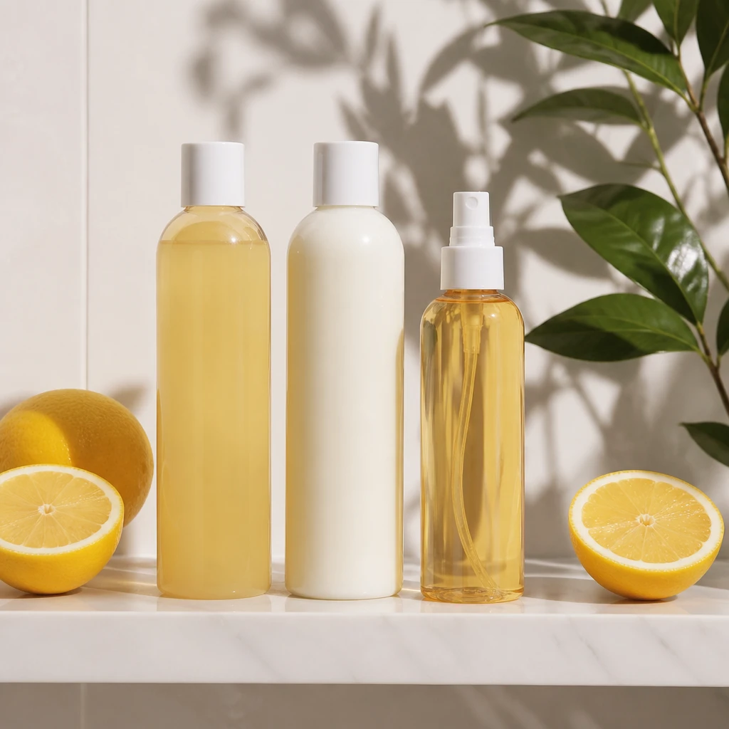 summer hair care products lightweight shampoo conditioner leave in spray on bathroom shelf fresh citrus concept editorial beauty photography