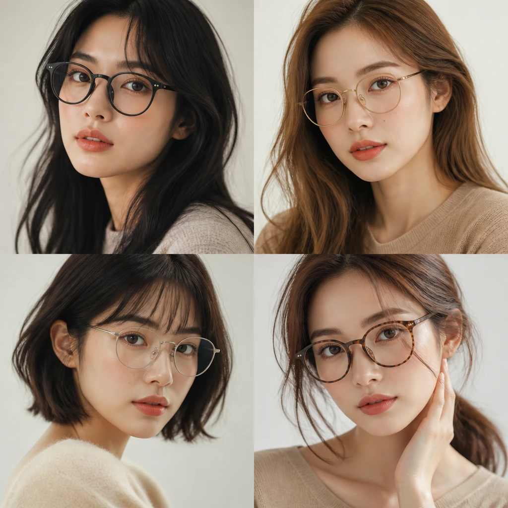 four women with different glasses frame colors black gold silver tortoise matching hair colors style guide editorial beauty photography