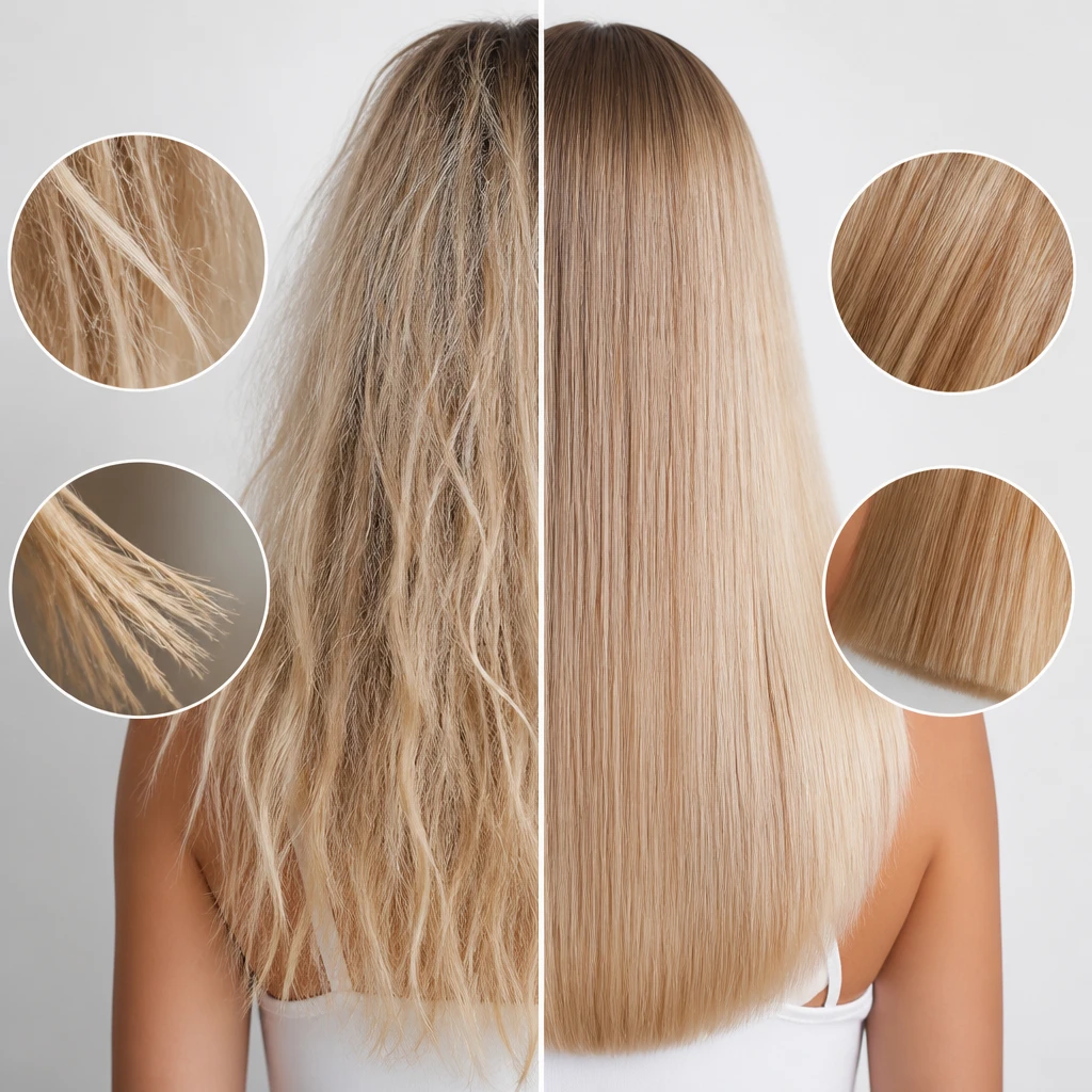 damaged dry frizzy sun damaged hair before after comparison split ends bleached by UV rays education concept editorial beauty photography
