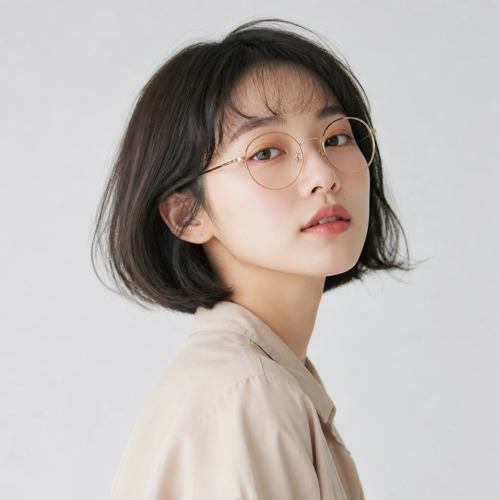 woman wearing round glasses with french bob hairstyle retro literary style editorial beauty portrait photography