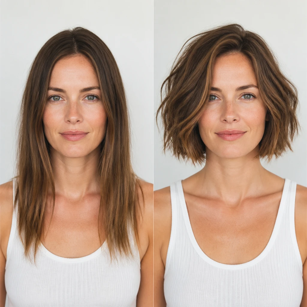 common mistakes for thin hair long straight flat hair versus short textured voluminous hair comparison editorial beauty photography
