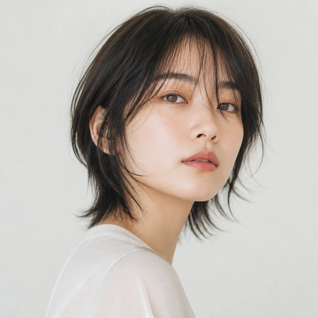 Japanese style hair woman with high layer wispy short cut airy transparent feel editorial beauty portrait photography
