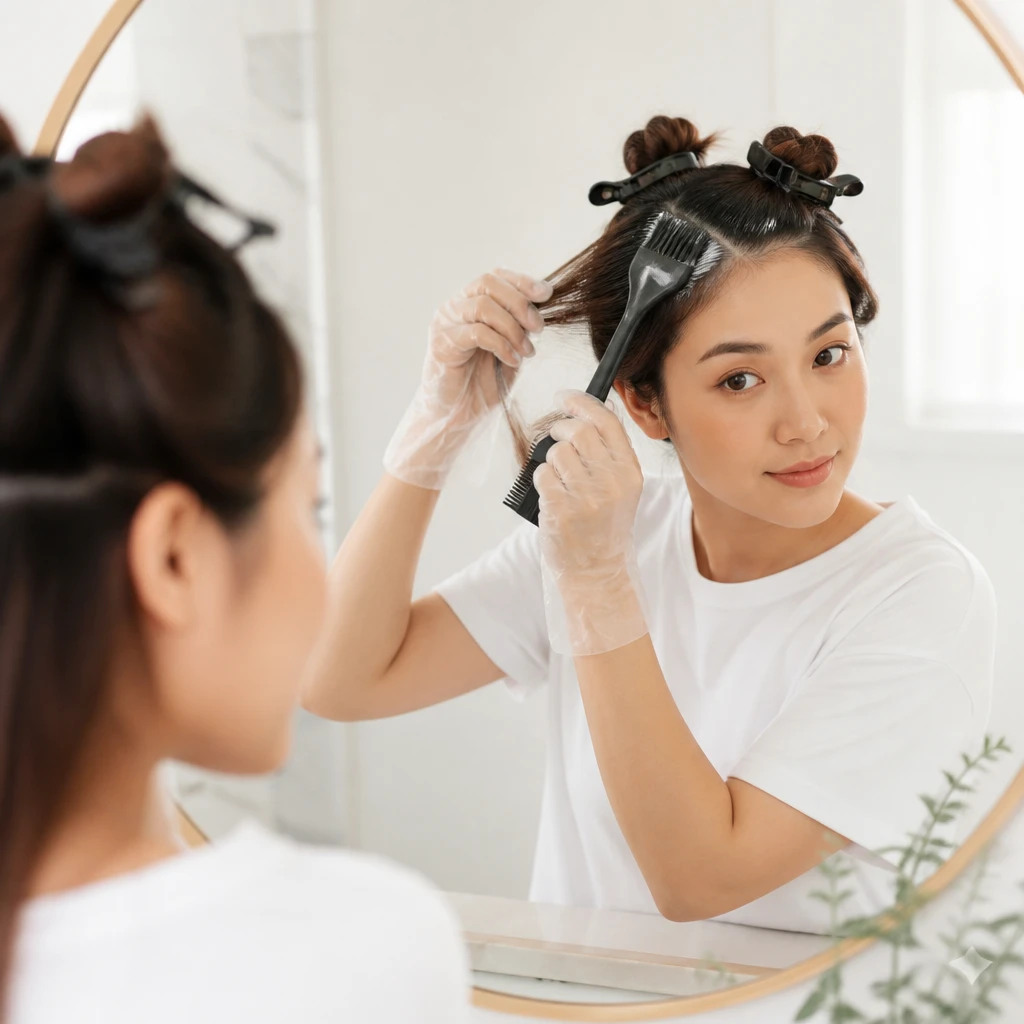 woman applying hair dye at home step by step tutorial with hair sectioned into four parts using clips mirror reflection editorial beauty tutorial photography
