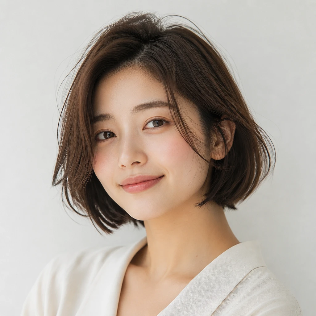 Asian woman with round face and french textured bob hairstyle chin length side parting slimming effect editorial beauty portrait photography