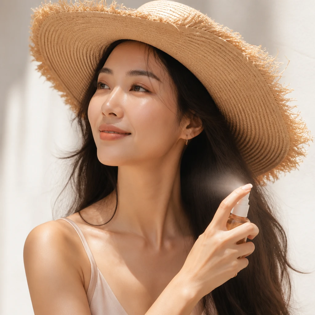 woman wearing wide brim straw hat UV protection holding hair sunscreen spray outdoor summer sunlight editorial beauty photography