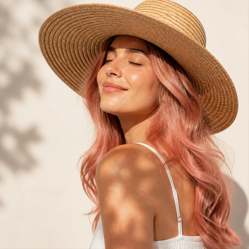 woman with color treated dyed hair wearing wide brim straw hat outdoors sun protection UV protection concept editorial beauty photography