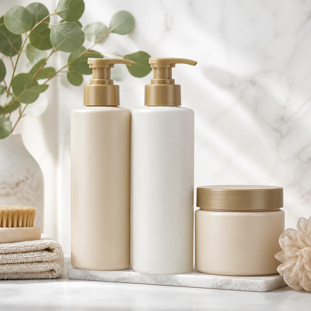 color safe hair care products sulfate free shampoo conditioner hair mask arranged on bathroom shelf editorial beauty photography