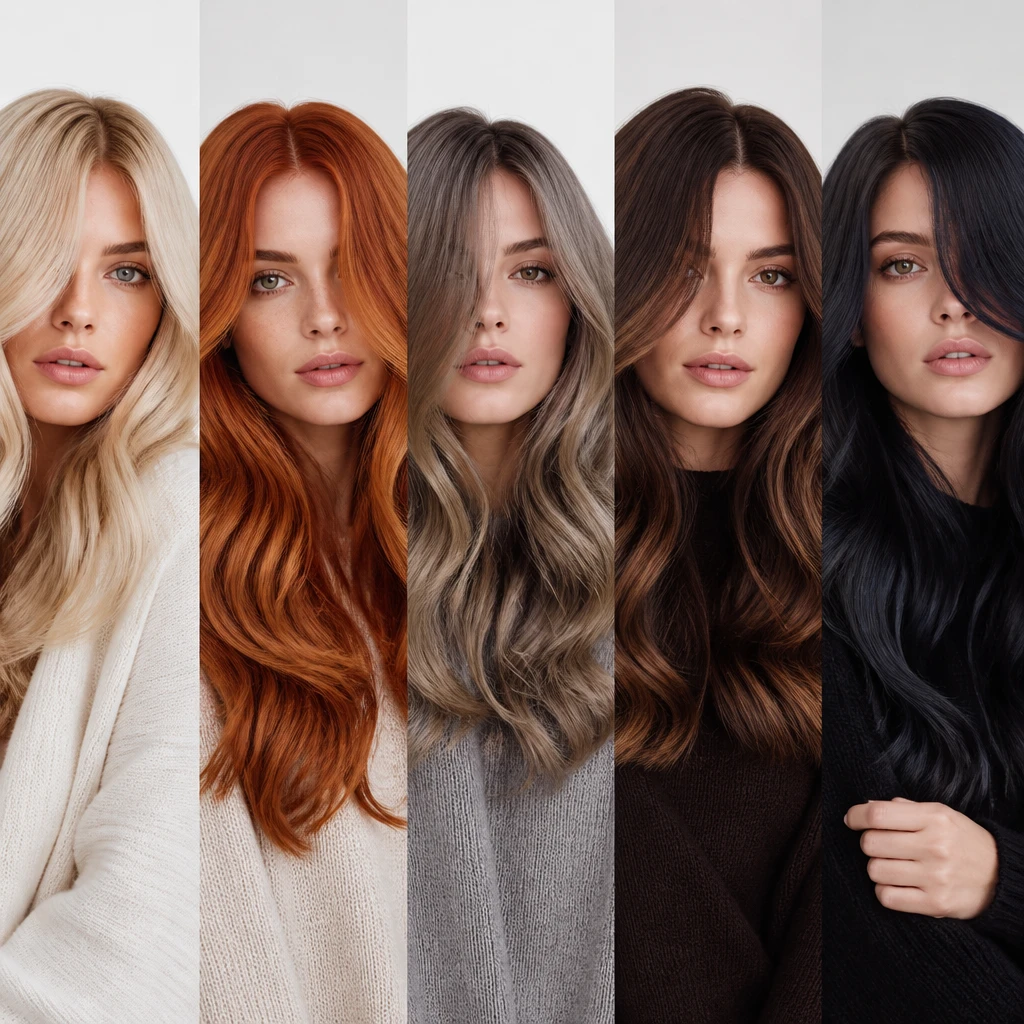 different dyed hair colors collection cool blonde warm red ash gray chocolate brown color preservation concept comparison editorial beauty photography