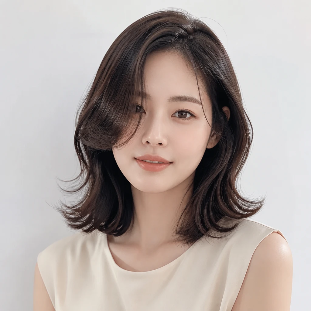 Asian round face woman with korean air perm lob collarbone length hairstyle side parting soft waves editorial beauty portrait photography