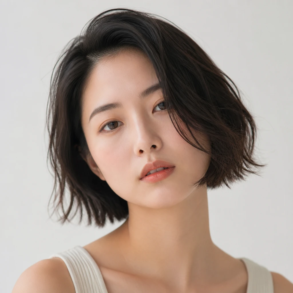 square face woman with french textured bob hairstyle chin length side parting softening angular jawline editorial beauty portrait photography