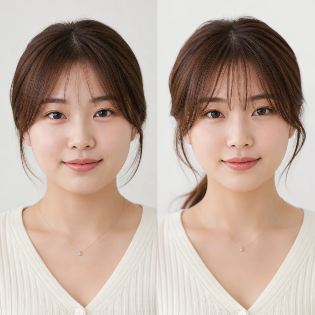 round face woman with curtain bangs korean style see through wispy bangs face slimming effect before after concept editorial beauty photography