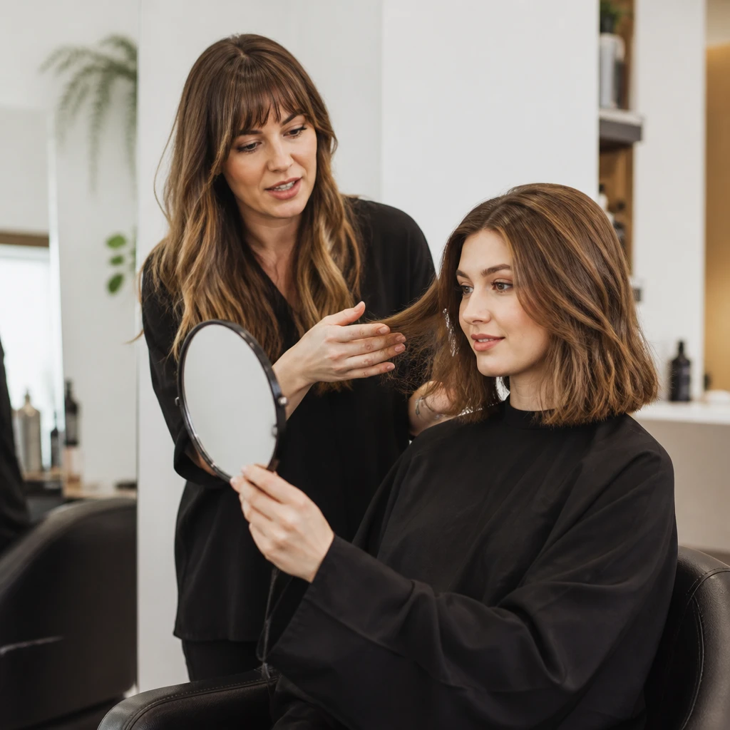 professional hairstylist explaining haircut options to female client using mirror showing different techniques educational salon consultation editorial photography