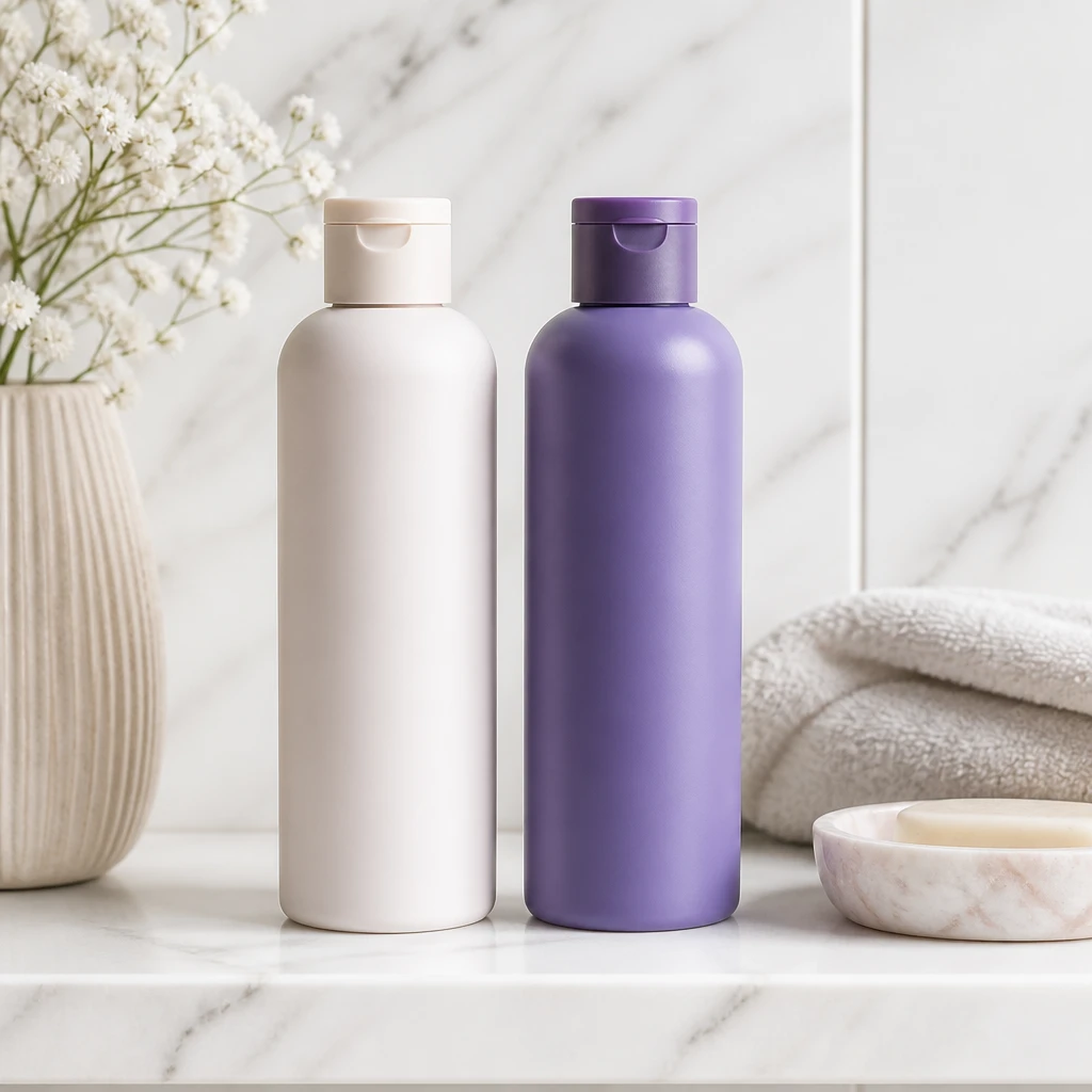 color safe sulfate free shampoo and purple toning shampoo for color treated dyed hair arranged on marble bathroom shelf editorial beauty photography