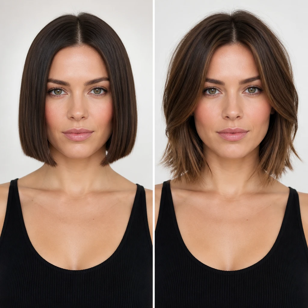 bad hairstyles for square face comparison blunt cut bob versus soft layered lob face softening effect editorial beauty photography