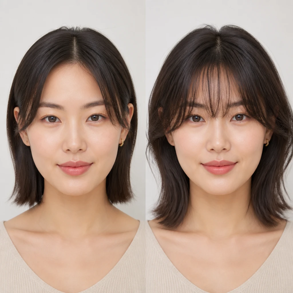 square face woman with curtain bangs see through wispy bangs face softening before after comparison concept editorial beauty photography