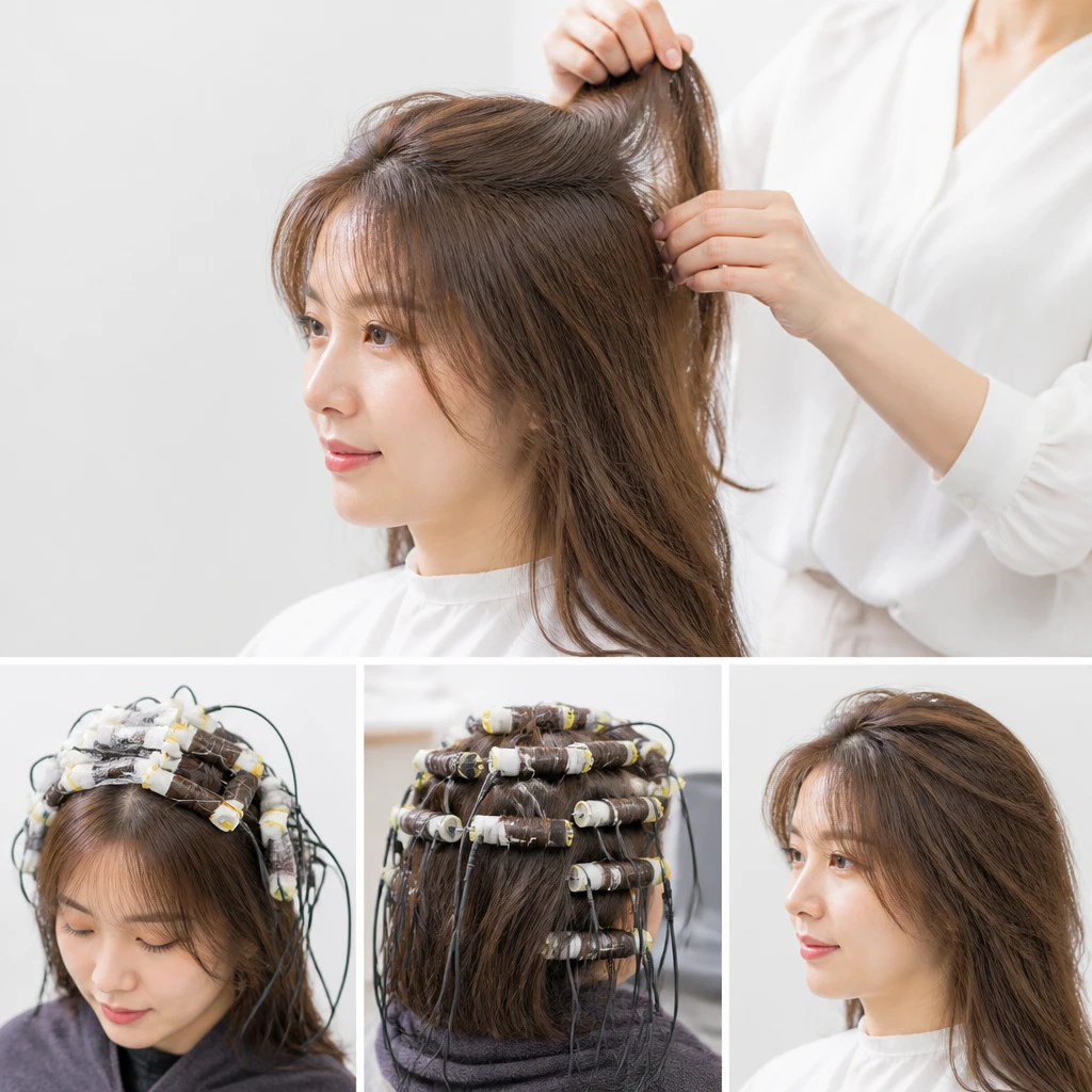 root perm technique for thin hair woman getting root volume perm at salon showing lifting effect educational editorial photography