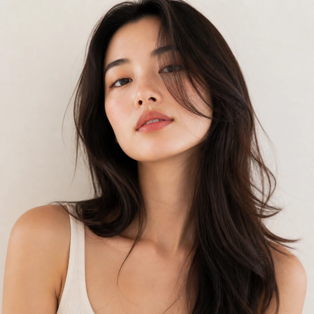 French style hair woman with loose natural waves effortless chic look minimal styling editorial beauty portrait photography