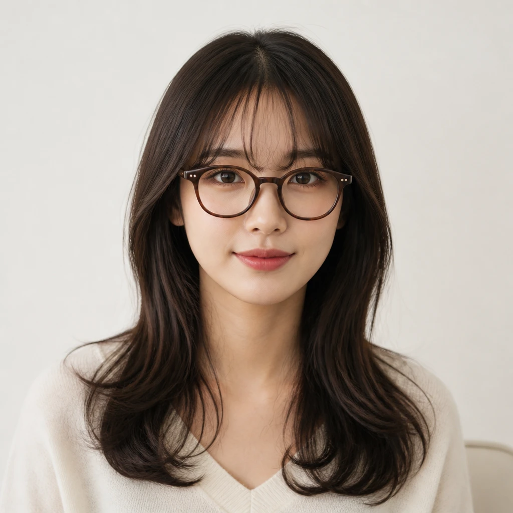 woman wearing glasses with curtain bangs hairstyle bangs not touching frame perfect length concept editorial beauty portrait photography