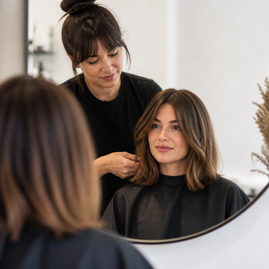 hairstylist cutting womans hair at salon mid haircut check mirror consultation professional communication editorial beauty photography