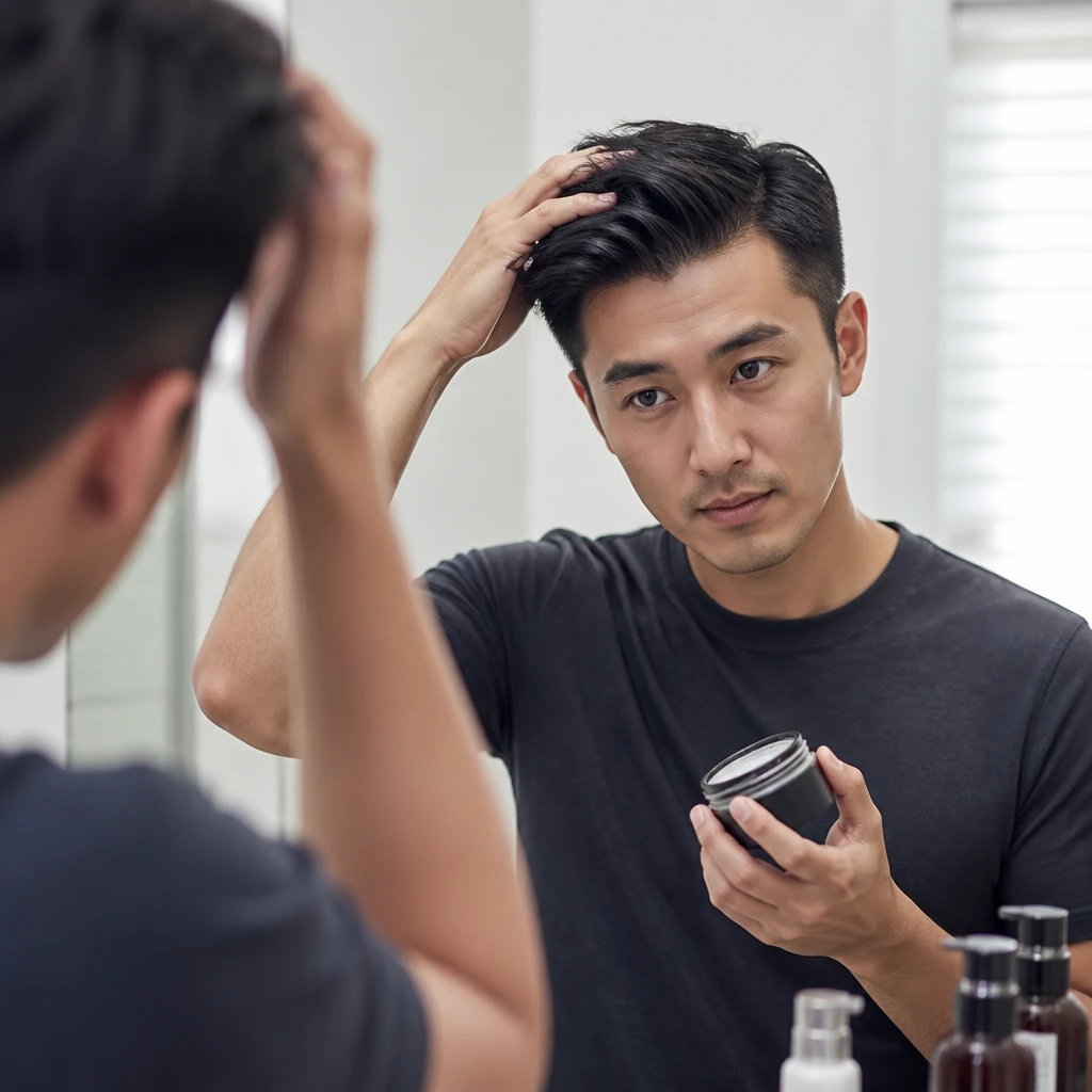 man styling hair at bathroom mirror with matte clay pomade morning grooming routine professional look editorial portrait photography