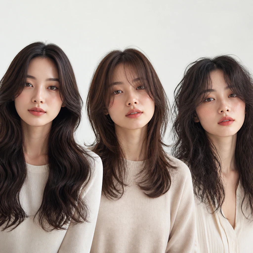 three women side by side Korean Japanese French hairstyle styles comparison one with soft waves one with wispy layers one with natural texture editorial beauty photography