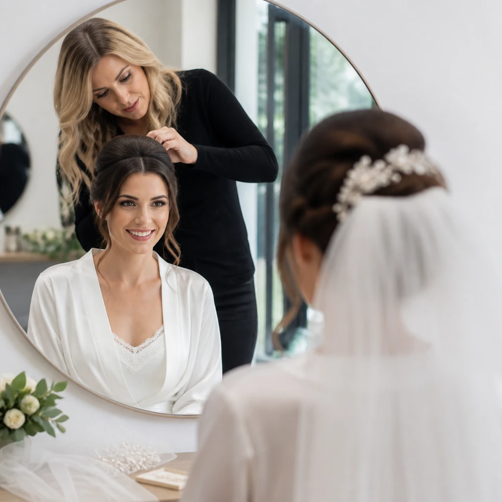 bride having hair trial with hairstylist at salon wedding preparation veil and accessories mirror reflection editorial wedding photography