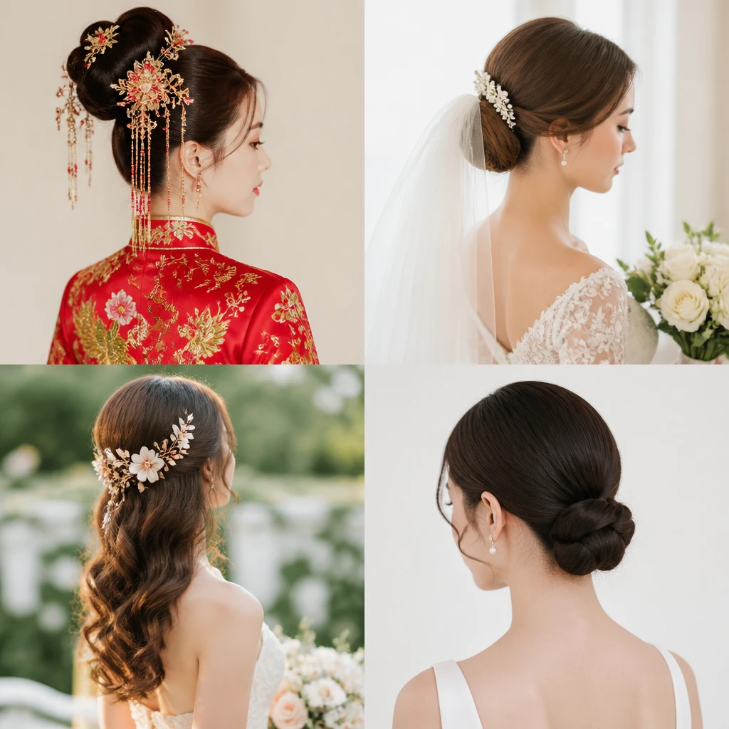 four wedding styles bride hairstyles Chinese traditional western church outdoor garden minimalist modern editorial wedding photography