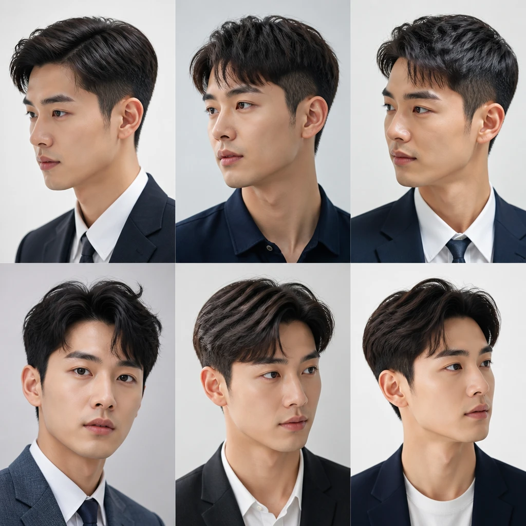 men professional business hairstyles collection side part crew cut korean textured style well groomed modern office look editorial portrait photography