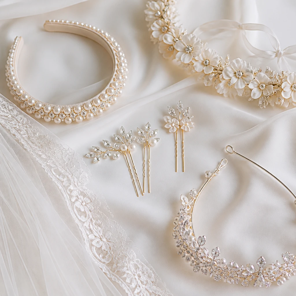 bridal hair accessories flat lay pearl headband crystal hairpins flower crown tiara veil on white silk editorial wedding photography