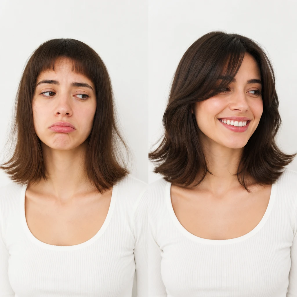 before after comparison two women one with bad haircut disappointed one with beautiful haircut happy salon result editorial beauty photography