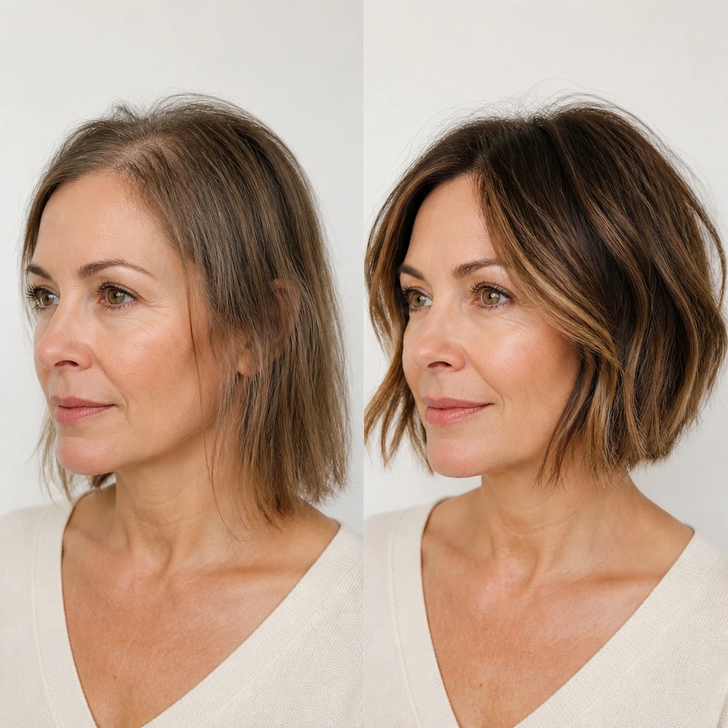 woman with thin fine hair transformed with volumizing textured bob hairstyle before after comparison editorial beauty photography