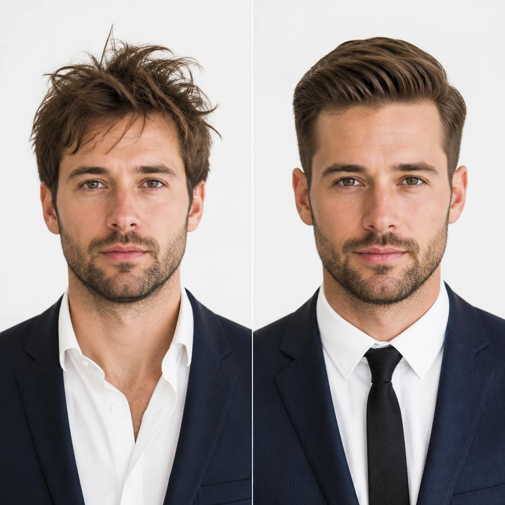 before after comparison man with messy unkempt hair versus well groomed professional business hairstyle editorial portrait photography
