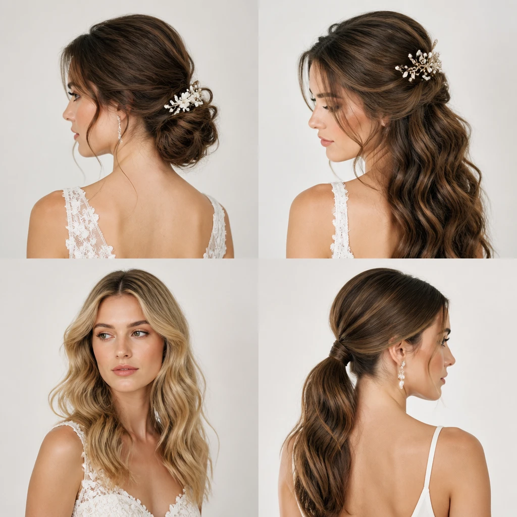 four bridal hairstyle types updo half up half down all down low ponytail beautiful bride editorial wedding photography clean studio lighting