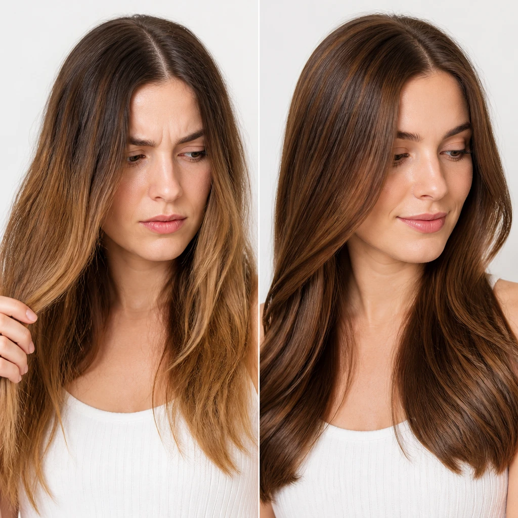 common home hair dye mistakes comparison uneven color patchy roots brassy result before after editorial beauty photography