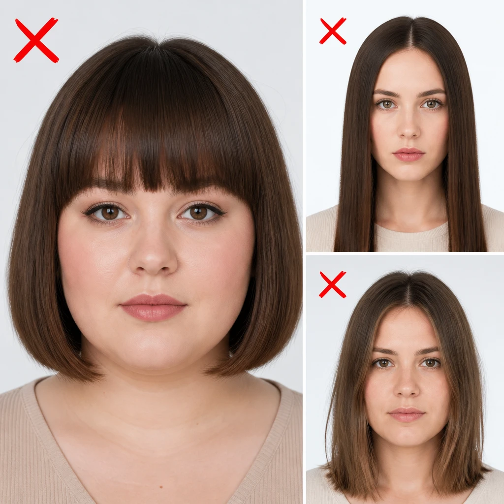 bad hairstyles for round face blunt cut bob with straight bangs center part flat hair comparison warning editorial beauty photography