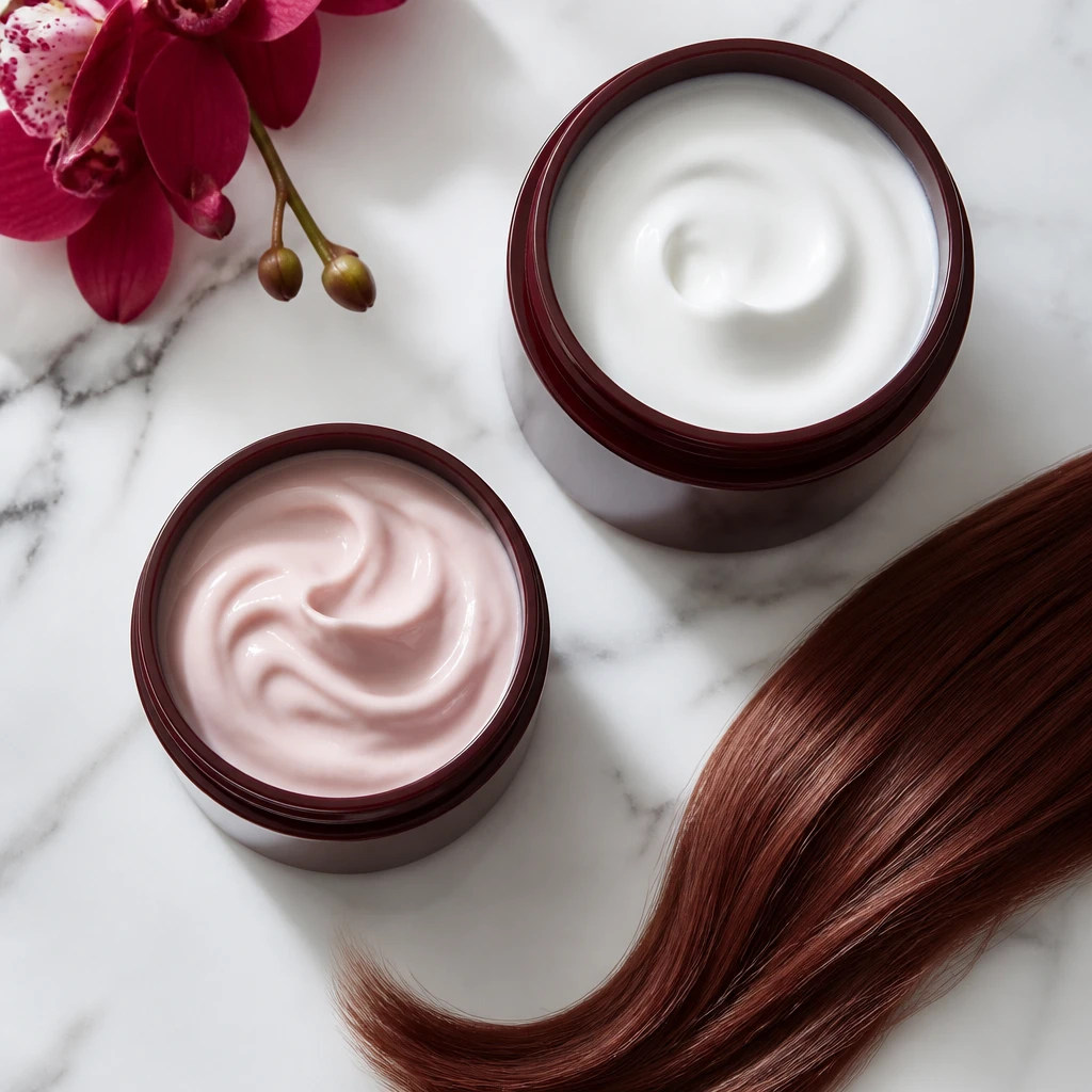 hair mask deep conditioning treatment and color protecting conditioner for dyed hair arranged on white marble flat lay editorial beauty photography