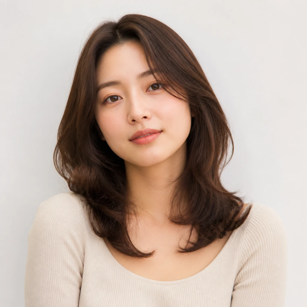 square face woman with korean soft layered waves mid length hairstyle collarbone length face softening editorial beauty portrait photography