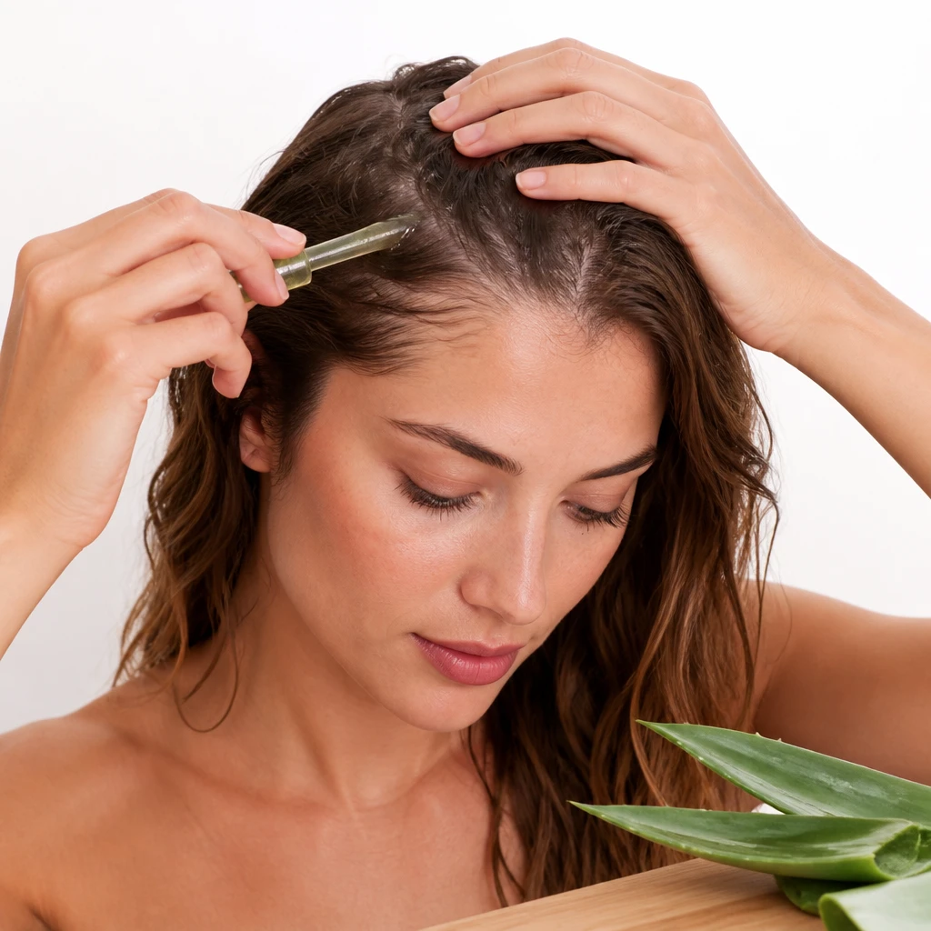 woman applying aloe vera gel to sunburned scalp hair repair treatment after sun damage editorial beauty tutorial photography