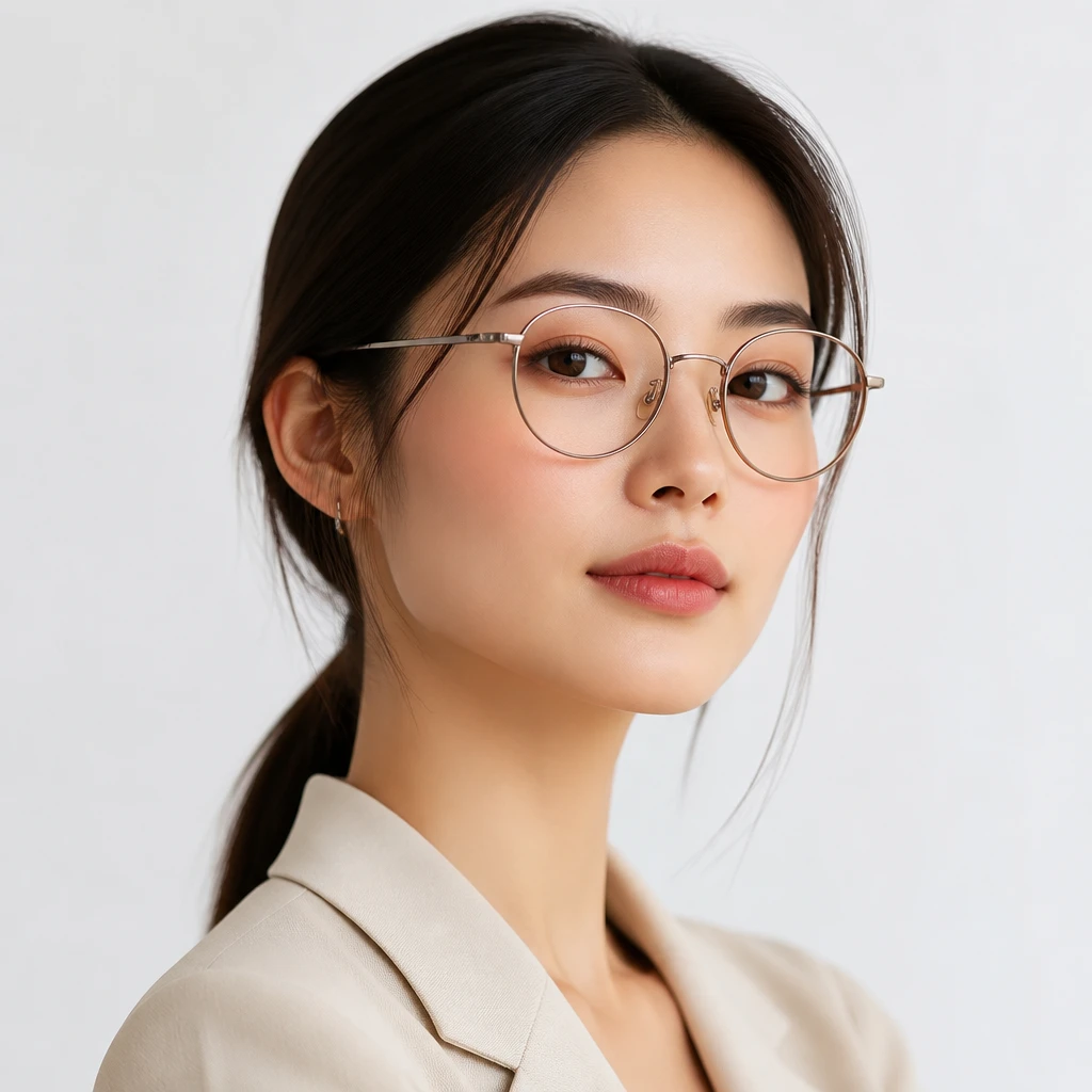 woman wearing metal frame glasses with sleek low ponytail professional office look editorial beauty portrait photography