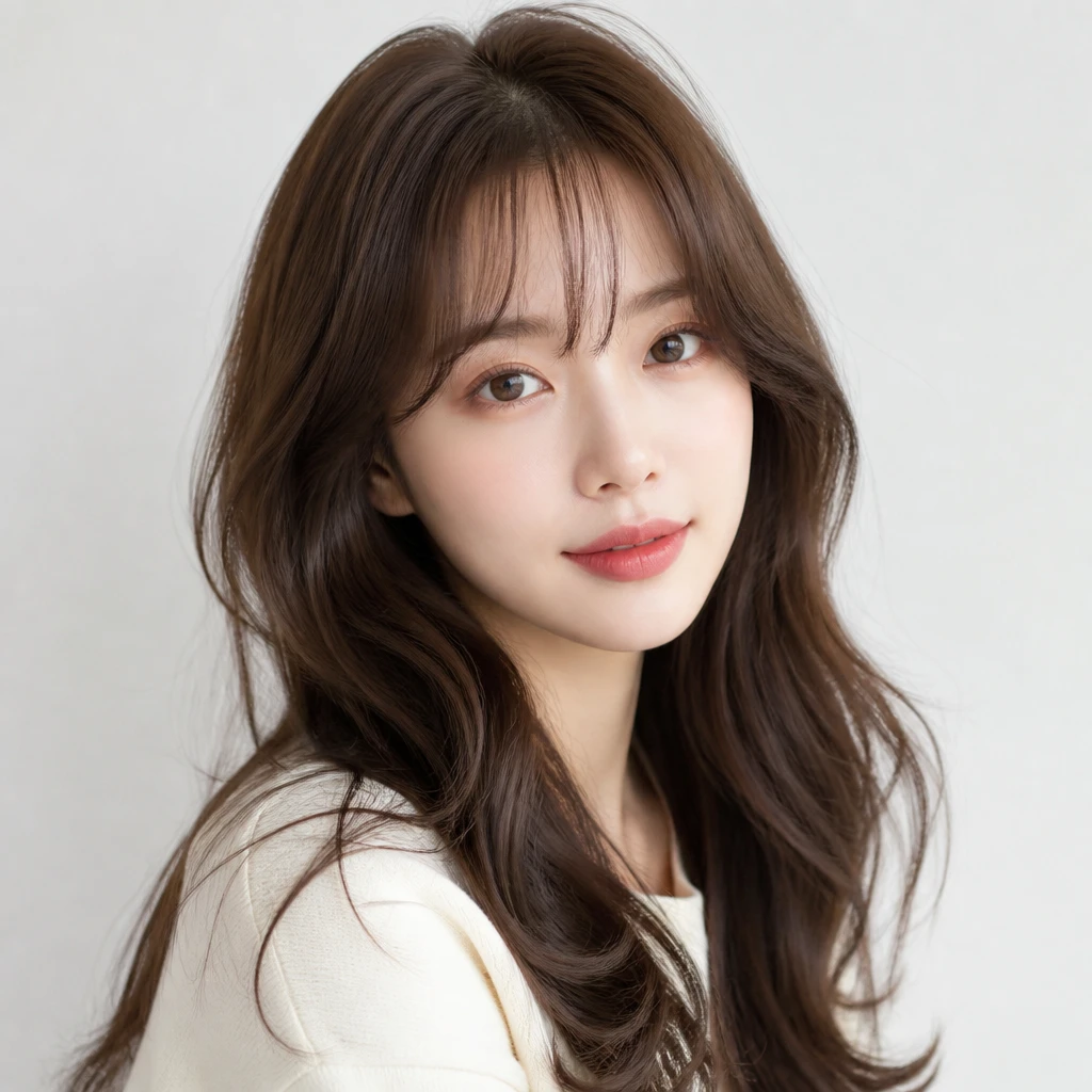 Korean style hair woman with soft texture perm air bangs curtain bangs gentle feminine look editorial beauty portrait photography
