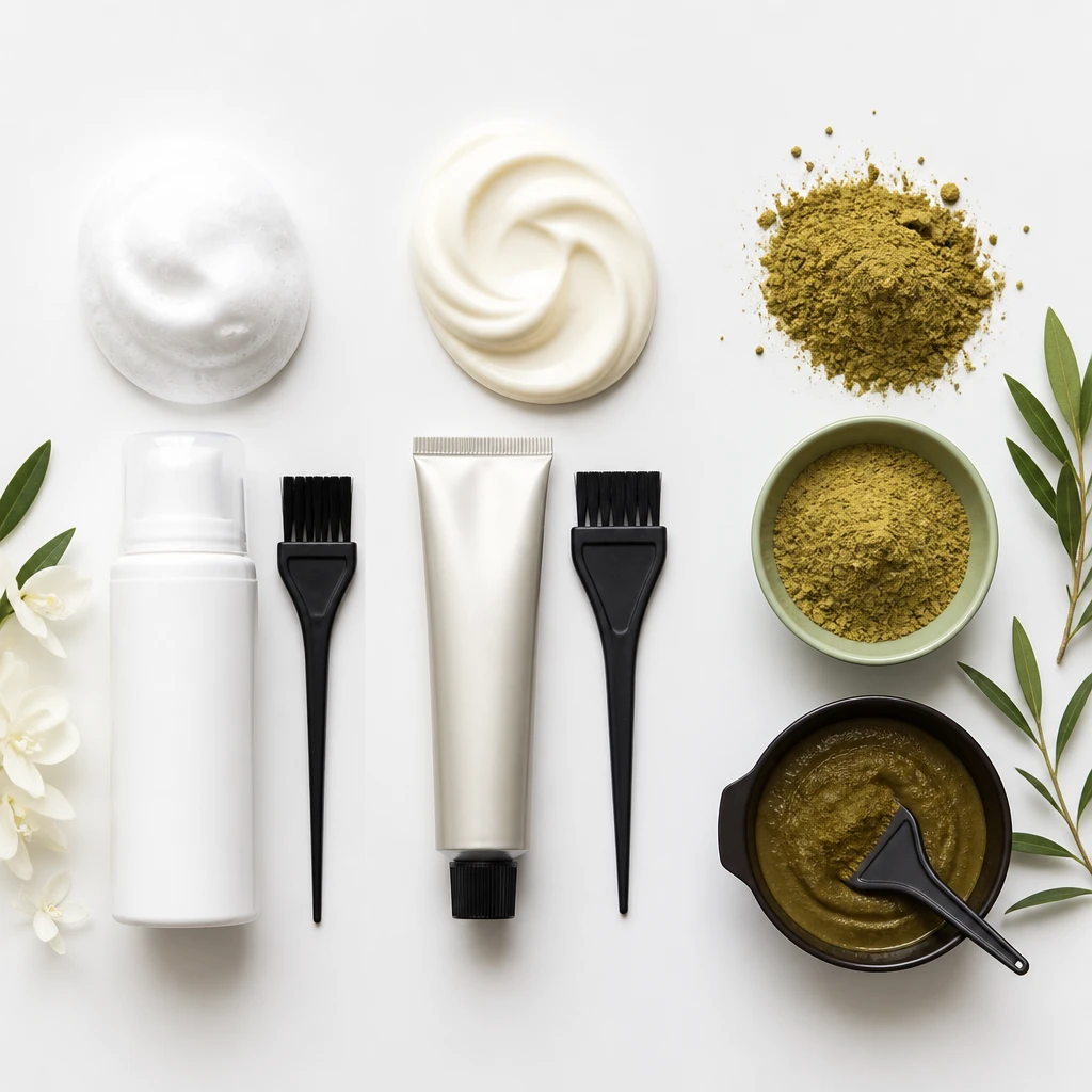three types of home hair dye products comparison foam dye cream dye plant dye on white background flat lay editorial photography