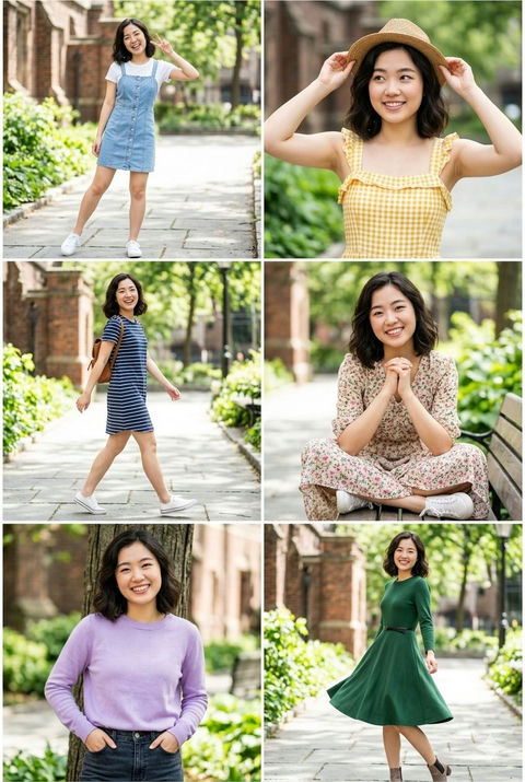 东亚女性户外穿搭六格人像拼贴画
