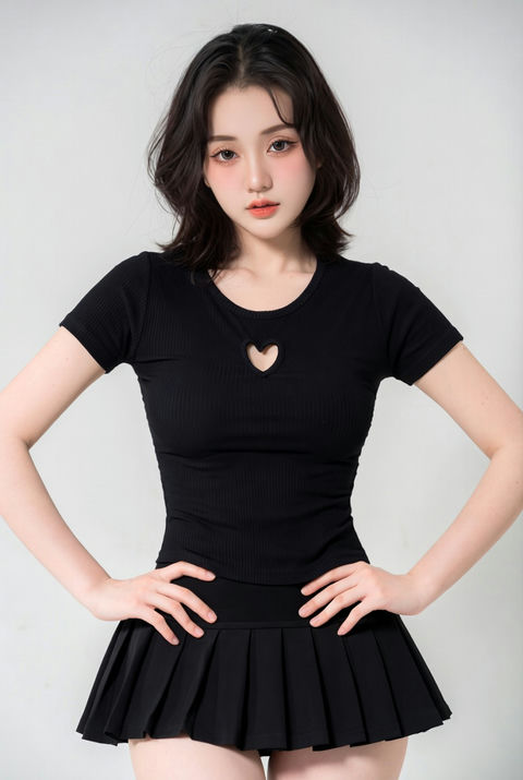 黑色镂空上衣与百褶裙东亚美女影棚写真