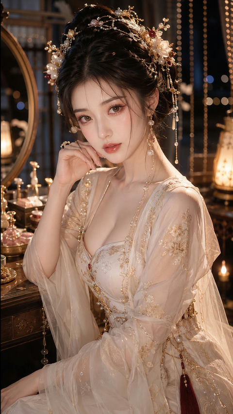 古风贵女夜灯水光美妆人像特写