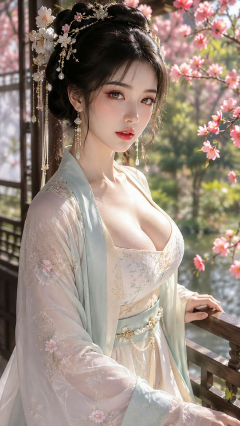 古风贵女春日海棠庭院水光美妆写真